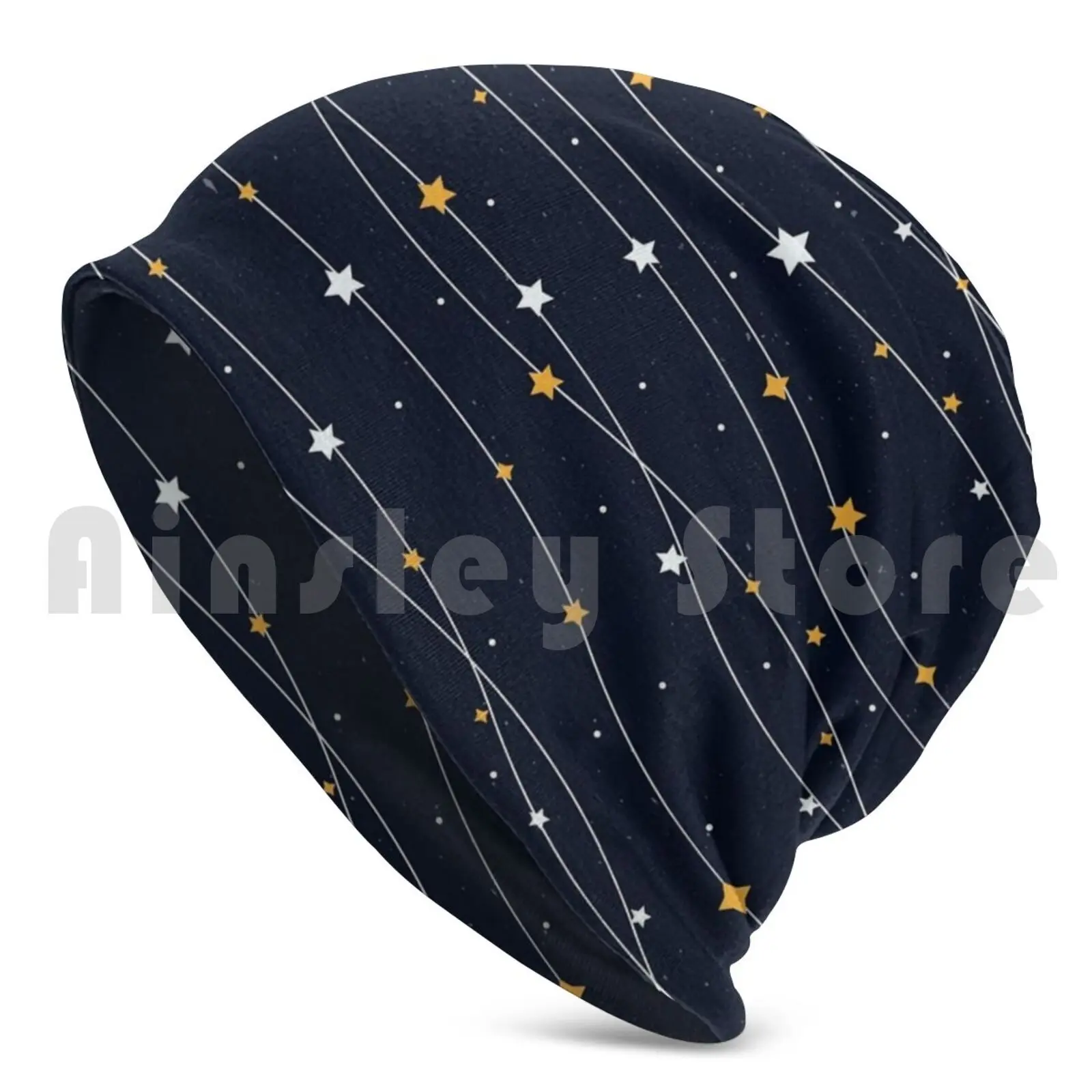 Blue Stars Pattern Hat Beanies Knit Hat Hip Hop Landscape Moon Night Sky Clouds Blue White Black Grunge