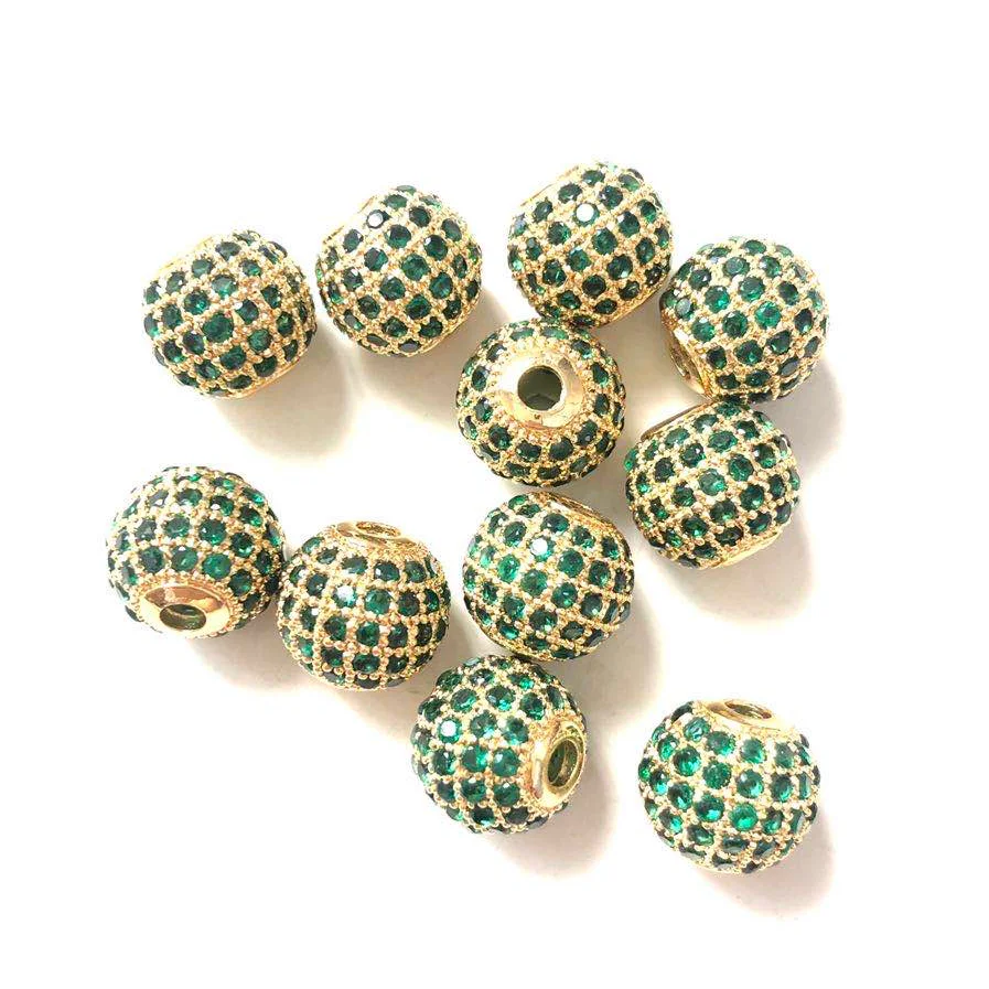 10pcs/Lot 10mm Green Color Disco Beads for Bracelet Crystal Stone Micro Pave Ball Spacers Gold-Plated Brass Waist Jewelry Supply