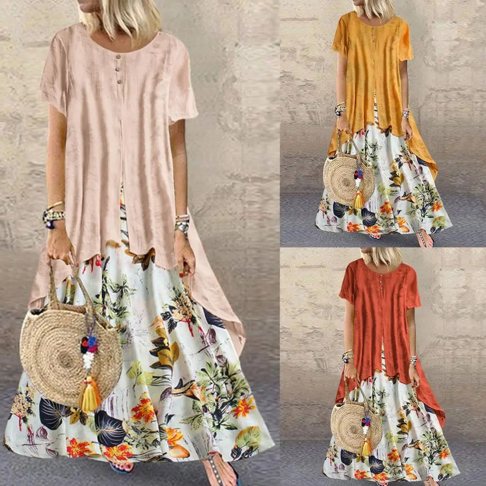 Loose Women Dress Vintage Summer Floral Print Party Dresses Breathable Linen Blend Pacthwork Elegant Women Long Dress