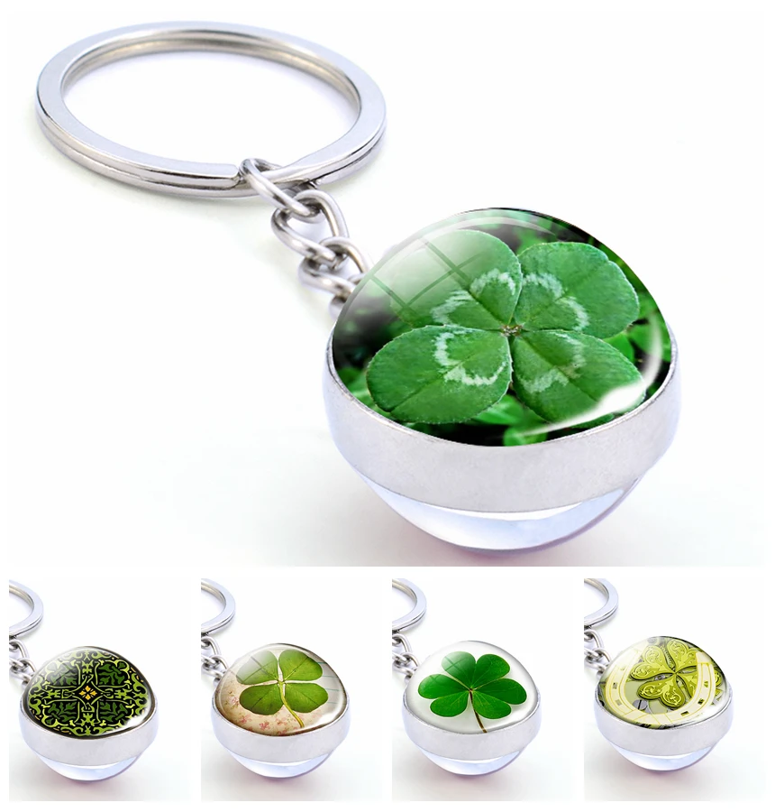 Four Leaf Clover Ireland Green Lucky Keychain St Patricks Day Gift Irish Jewelry Cuckooflower Glass Ball Key Rings Pendant Gift