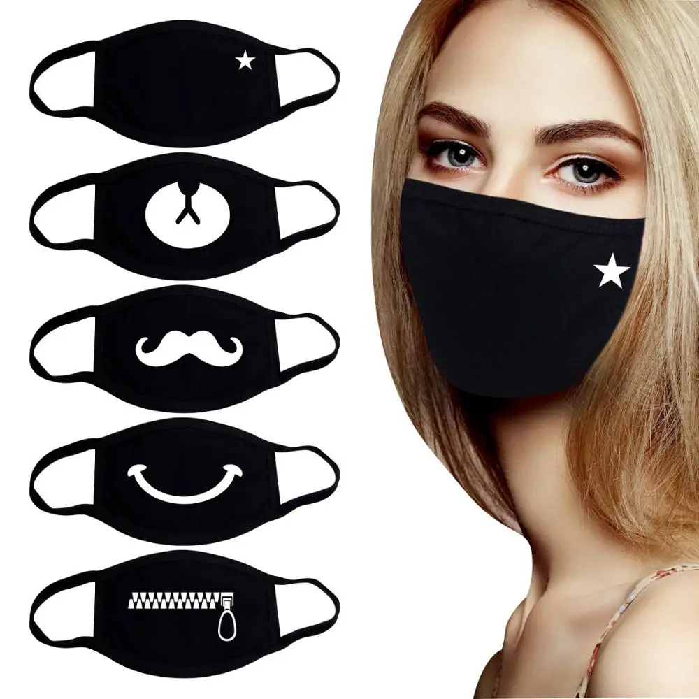 Mascarilla de algodón para hombre y mujer, tapabocas coreano con expresión divertida y sonrisa, color negro, estilo Kawaii, Unisex