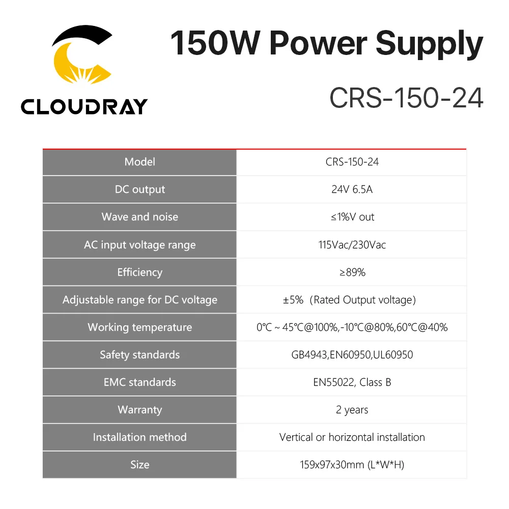 Cloudray CRS-150-24 Switching Transfer Power Supply 24VDC 6.5A Output for Industrial Automation and 3D Printer