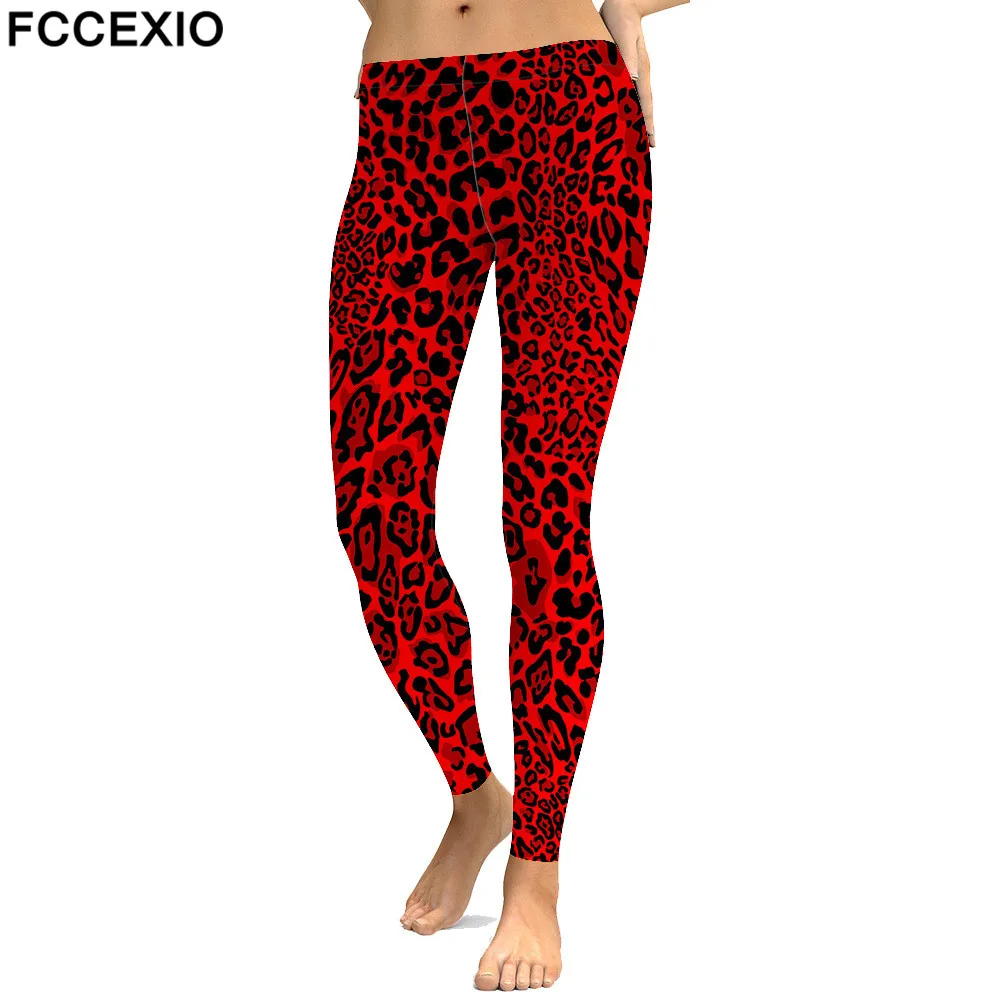 FCCEXIO New Fitness Leggings High Waist Workout Legging Red Leopard 3D Printed Leggins Female Leg Pants Sexy Women Slim Legging