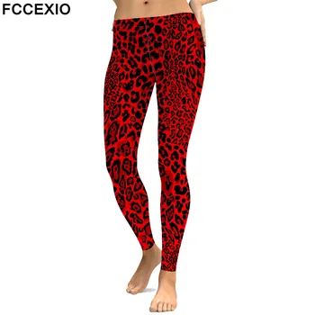 FCCEXIO Nuovi Leggings Fitness Vita Alta Allenamento Legging Rosso Leopardo 3D Stampato Leggins Pantaloni Gamba Femminile Donne Sexy Legging Sottile