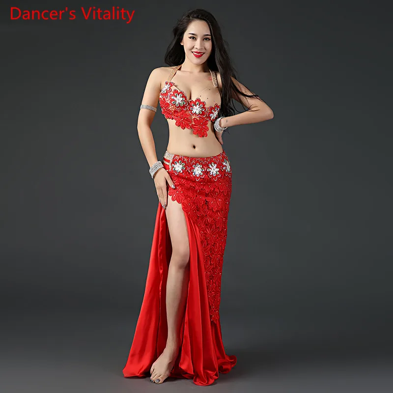 Women Belly Dance Dancewear Belly Dancing Clothes Oriental Dance Outfits Bra+Lace Short Skirt+Long Skirt+Underpants 4PCS Set