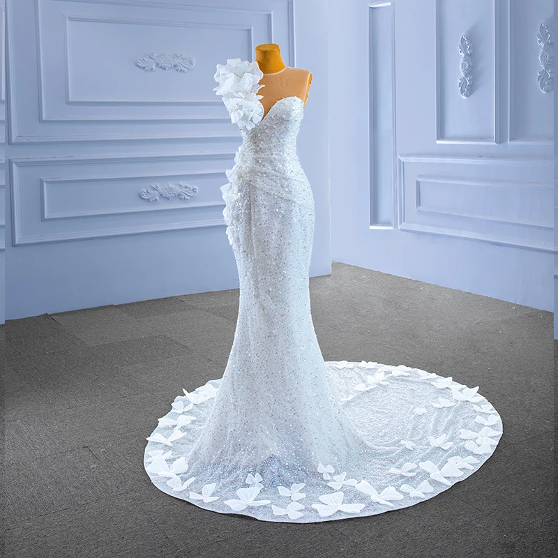 RSM Collection – robe de mariée asymétrique, asymétrique, épaule dénudée, motif de fleurs 3d, faite par le client, modèle 67424