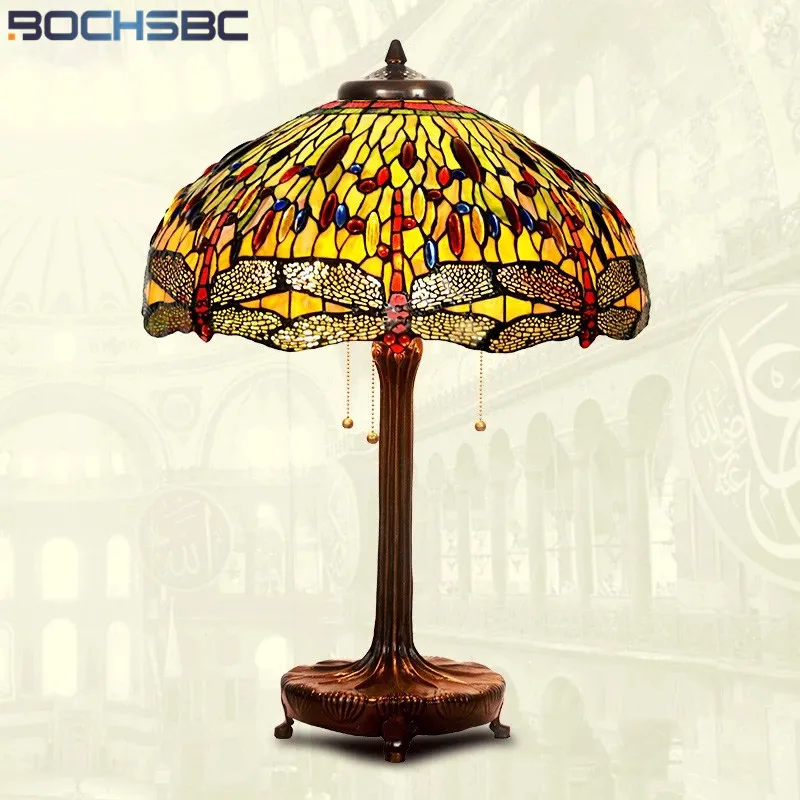 BOCHSBC Tiffany Style Table Lamp Rose Tulip Dragonfly Wisteria Stained Glass Art Decor Desk Light Copper Tree Frame 20