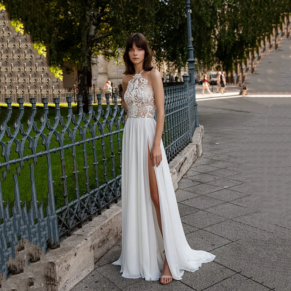 Sexy Halter Neck Strand Hochzeit Kleider Boho Chiffon Hohe Schlitz Ärmellose Brautkleider Plus Größe A-linie Böhmischen Robe De Mariee