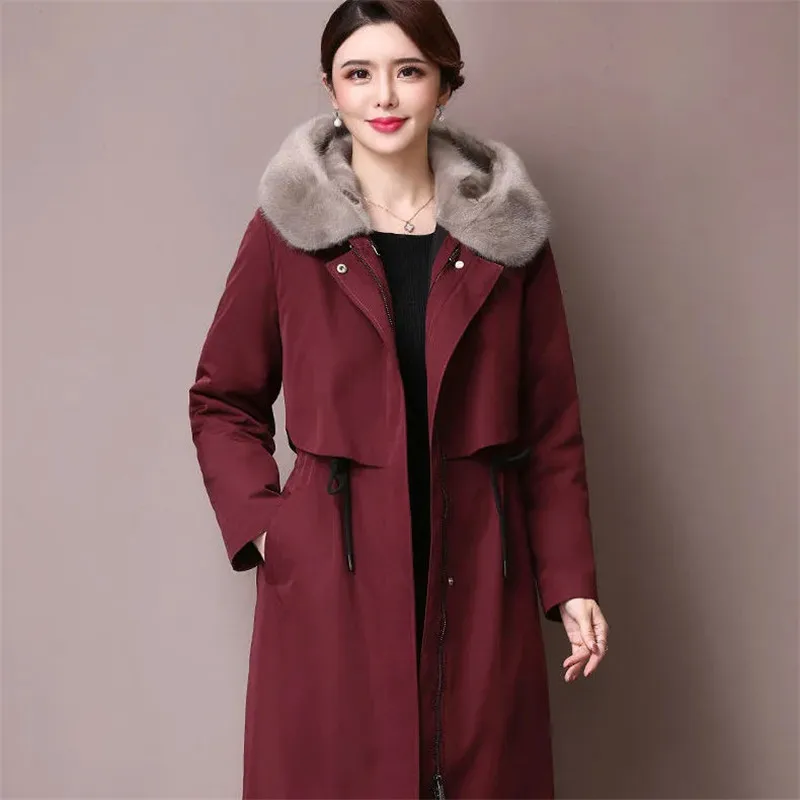 Frauen Winter Jacke Mit Kapuze Pelzmantel Lange Dicke Warme Baumwolle Gefütterte Parkas Frau Wolle Liner Distachable Jacken Mantel