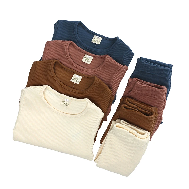 2-teiliges Set aus geripptem Strick für Jungen und Mädchen, Kinder-Pyjamas, Pullover+Hose, Baumwollkleidung, lange Schlafkleidung, Trainingsanzug – Detail 3