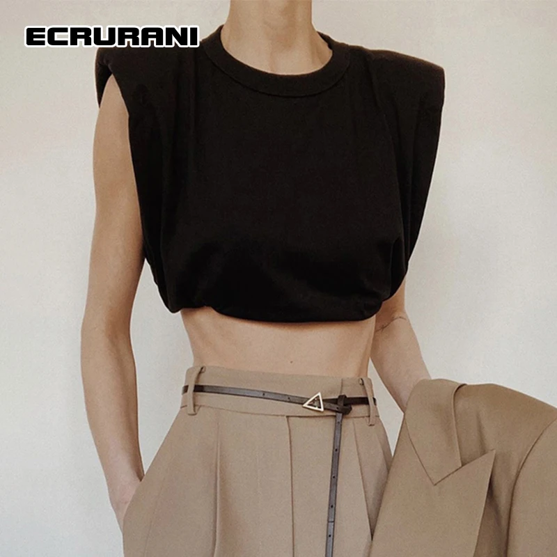 ECRURANI Black Casual T Shirt For Women Round Neck Sleeveless High Waist Slim Short T Shirts Female 2022 Summer Clothing Fashion