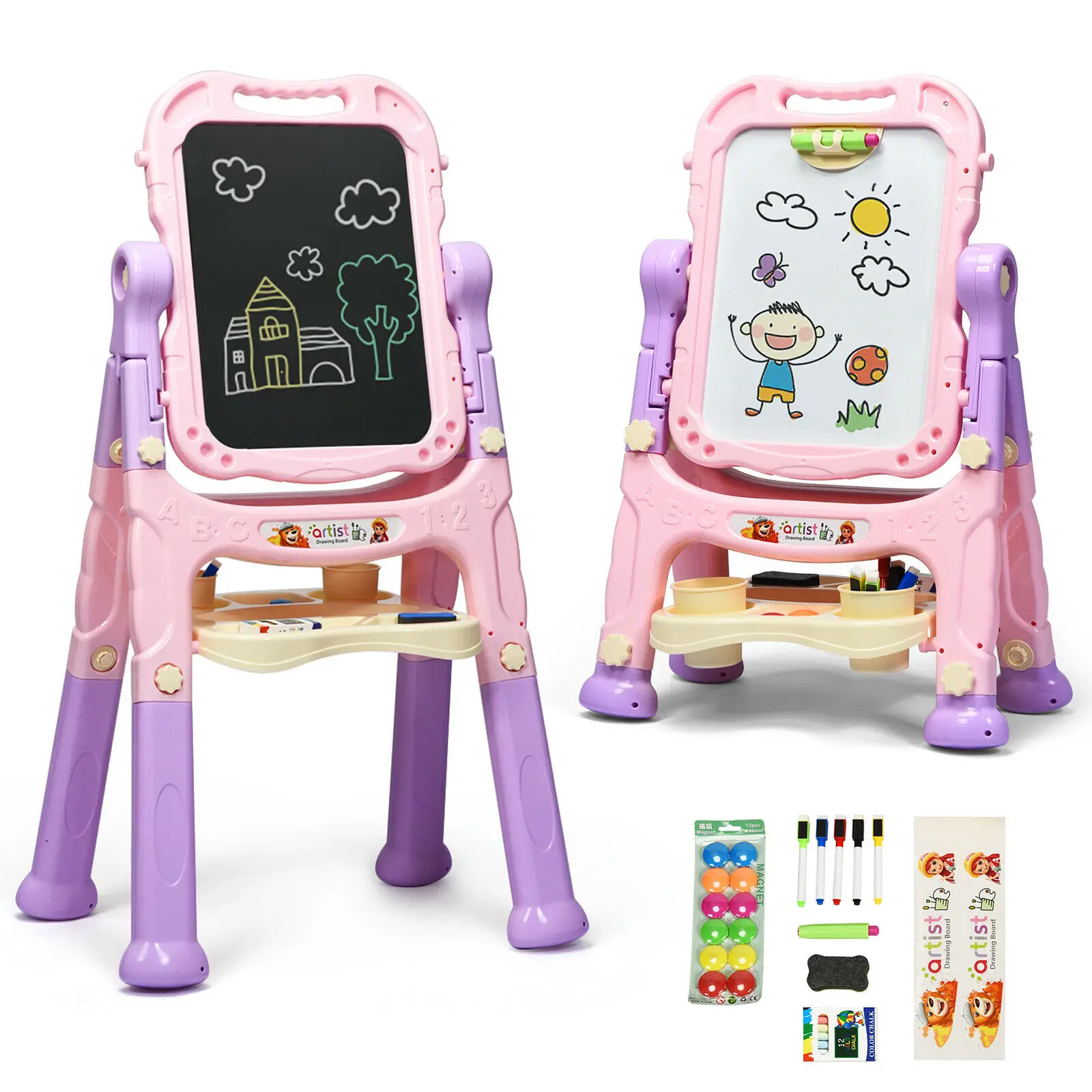 Height Adjustable Kids Art Easel Magnetic Double Sided Board w/ Accessories  TY590373