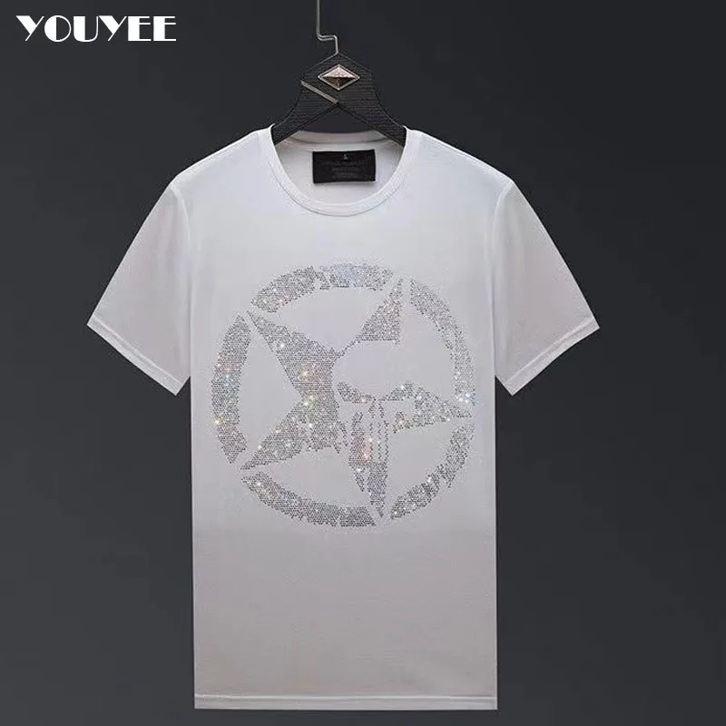 Rhinestones Mens T-Shirt Geometric 2021 Summer Fashion Streetwear Hip Hop Cotton High-Quality O Neck Short Sleeve Plus Size 5XL