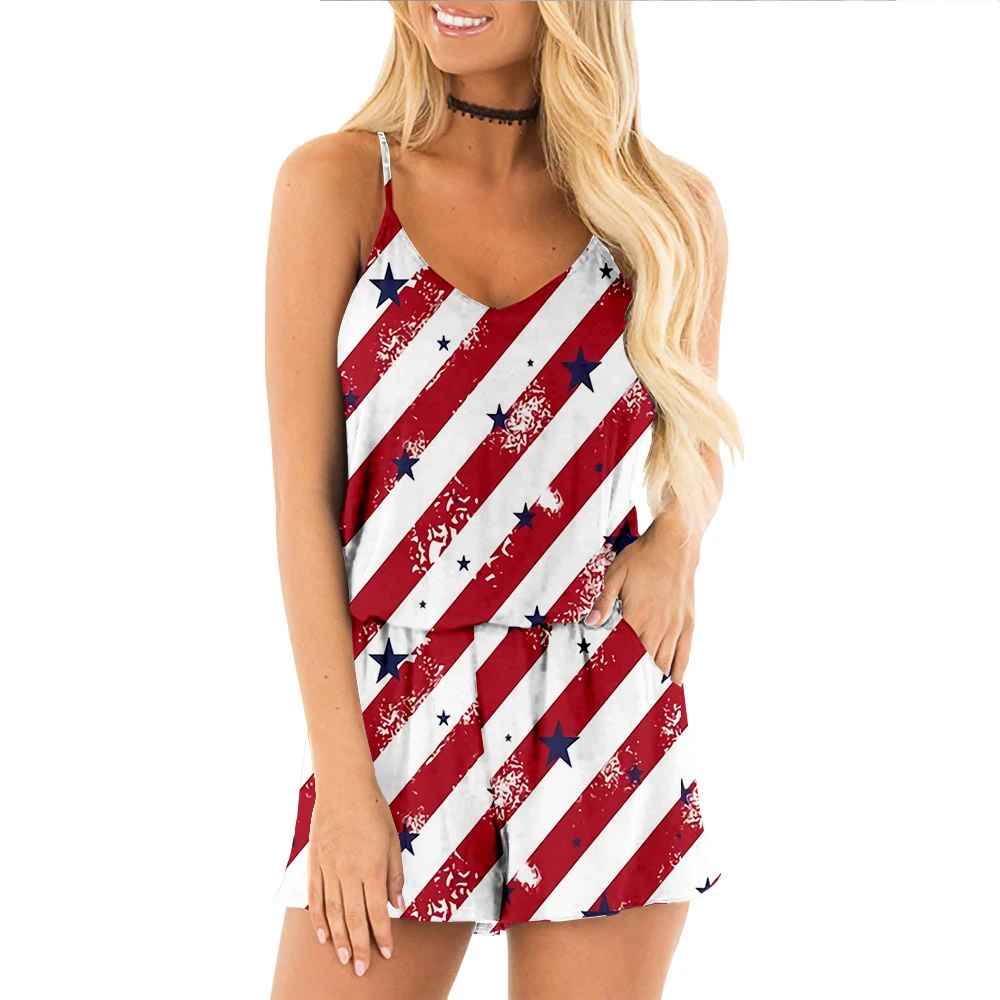 

Casual Summer Sexy Women Shorts Jumpsuit Bodysuit Playsuit Clothing V-Neck American Independence Day Printed Fashion Elastic