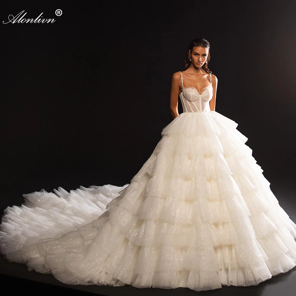 Alonlivn Lustrous Ruffled Tiered Voice Beading Pearls Ball Gown Wedding Dresses Sweetheart Spaghetti Straps Bridal Gowns