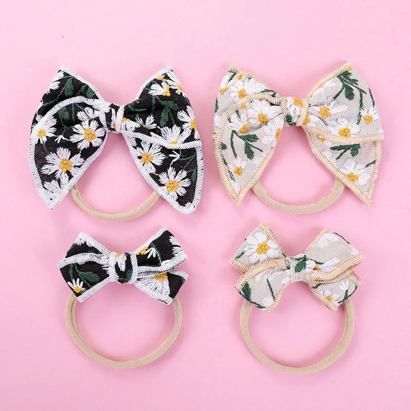 

Daisy Embroided Baby Headband Nylon Bowknot Girls Hairband Lovely Flower Scrunchie Stretchy Children Autumn Head Band Accessries