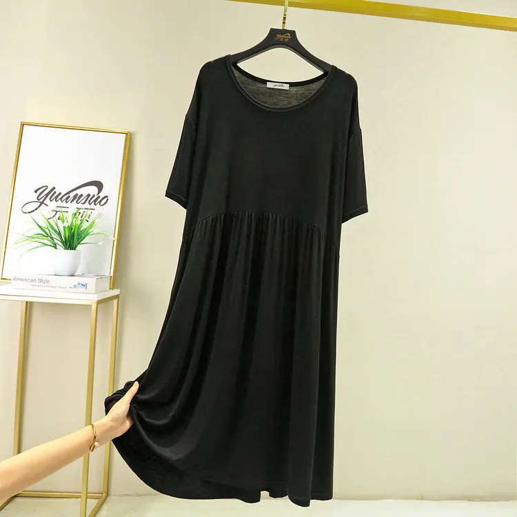 Modal Short-Sleeved Nightshirt Pleated Dress Female Summer Nightgowns Women Korean Loose Large Size Black Swing Nightdress