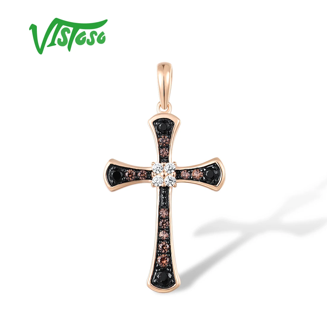 VISTOSO Pure 14K 585 Rose Gold Pendant For Women Sparkling Diamond Black Brown Diamond Cross Pendant Classic Trendy Fine Jewelry