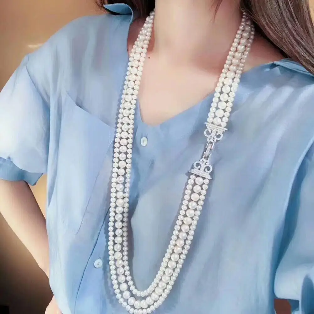 

three rows 7-10mm south sea round white pearl necklace 22"23"24" KKK