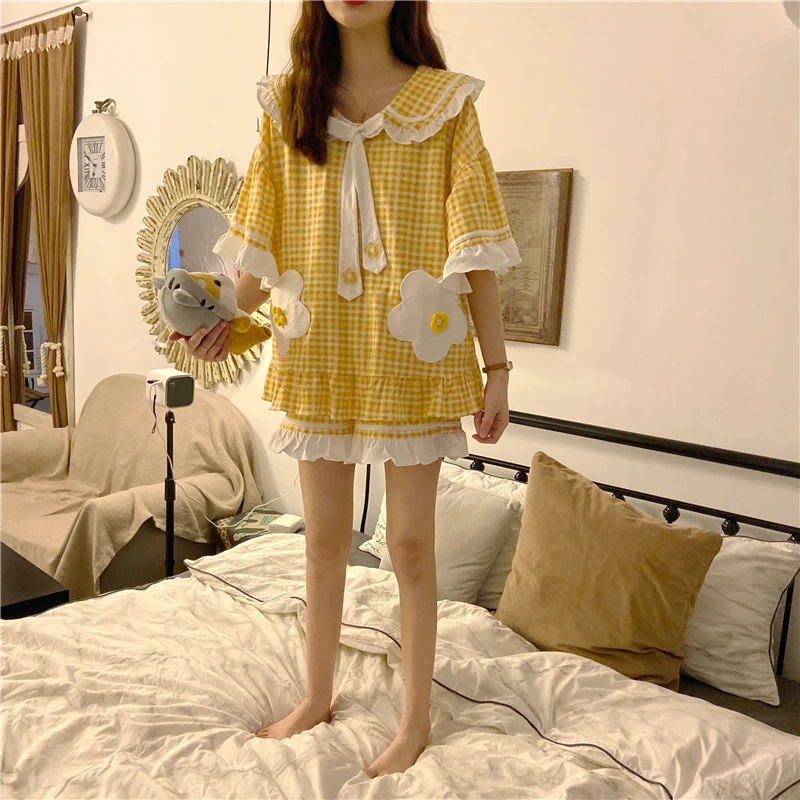 Popular Women Pajama Sets Plaid Ruffles Lovely Thin Summer Shorts Daily Floral Korean Style Fashion Loose New Cotton Sleepwear