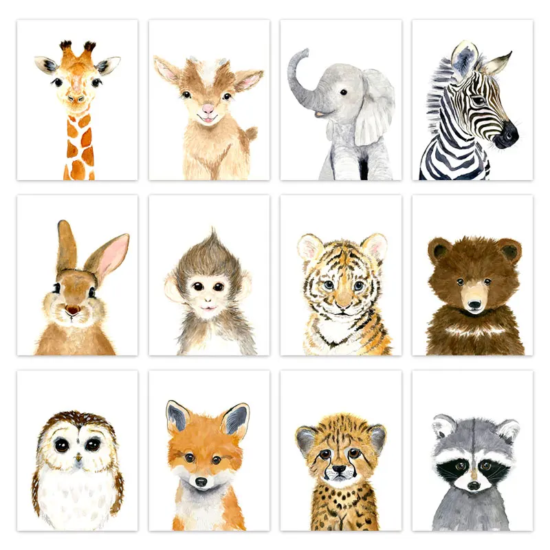 Cute Baby Animal Wall Art Watercolor Animals Canvas Posters Giraffe Zebra Picture Prints for Children's Room Decoration Painting