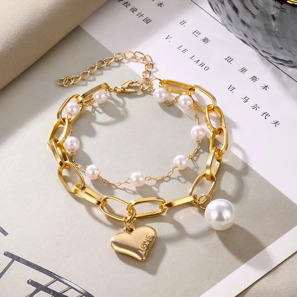 IPARAM Fashion Pearl Alloy Pendant Thick Chain Bracelet for Women Charm Imitation Pearl Heart Bracelet Bangle Party Jewelry