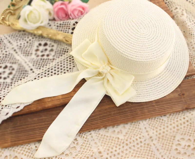 Original Handmade French Elegant Satin Bow Sunhat Lolita Summer All-Match Straw Hat Sun Protection Hat