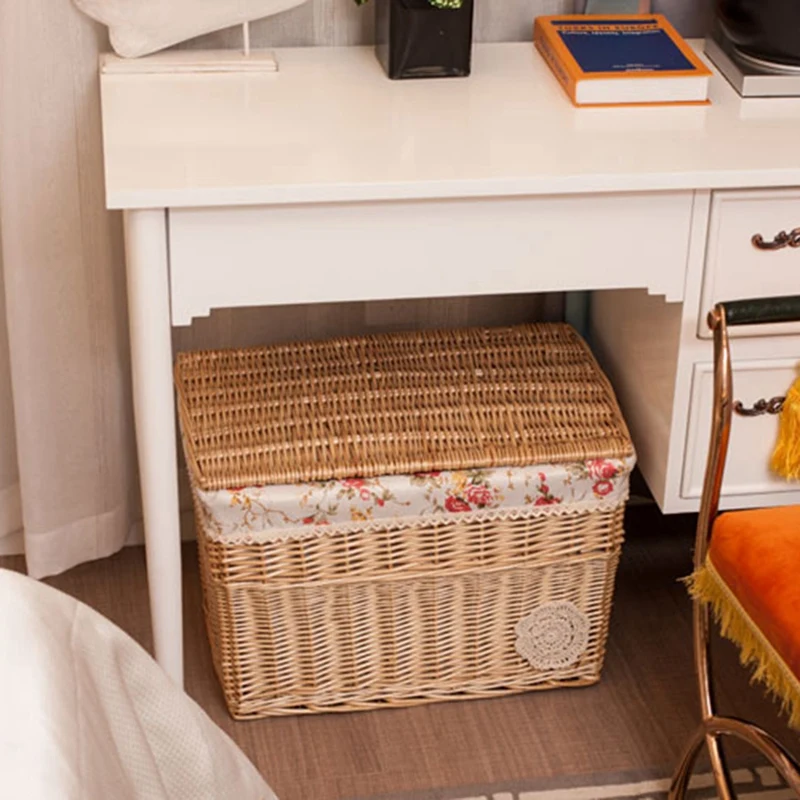 Wicker Storage Basket Hand-Woven Storage Basket Multipurpose Container with Lid for Desktop Home Decoration