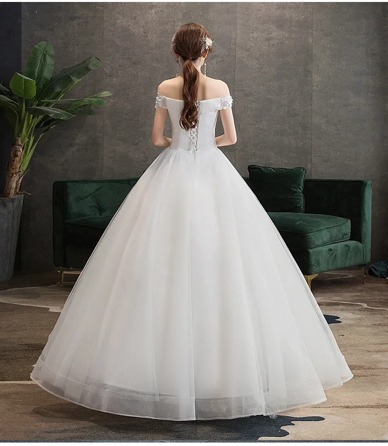 HMHS-79#Embroidered Lace On Net Lace up Ball Gown Off Shoulder Marry Dresses White Cheap Wholesale Prom Party Wedding Dress