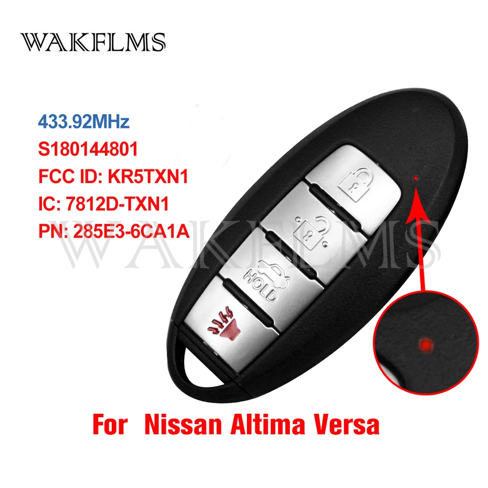 For Nissan Altima Versa 2019 2020 433MHz 4A Chip Passive Keyless Start Smart Car Remote Key Fob KR5TXN1 285E3-6CA1A S180144801