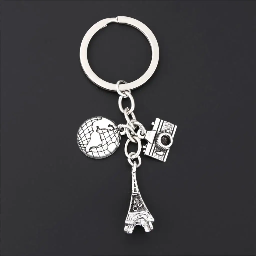 1Pc Popular Eiffel Tower and Globe Map Keyring Making Camera Travel Theme Keychain Souvenir Jewelry Accessories E2682