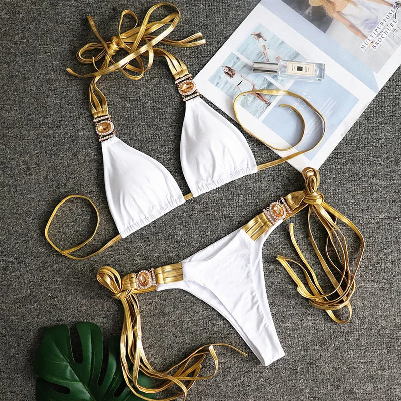 Rhinestone kristal püskül Bikini 2024 kadınlar altın Bandeau mayo kadın Halter mayo İki adet Bikini seti mayo