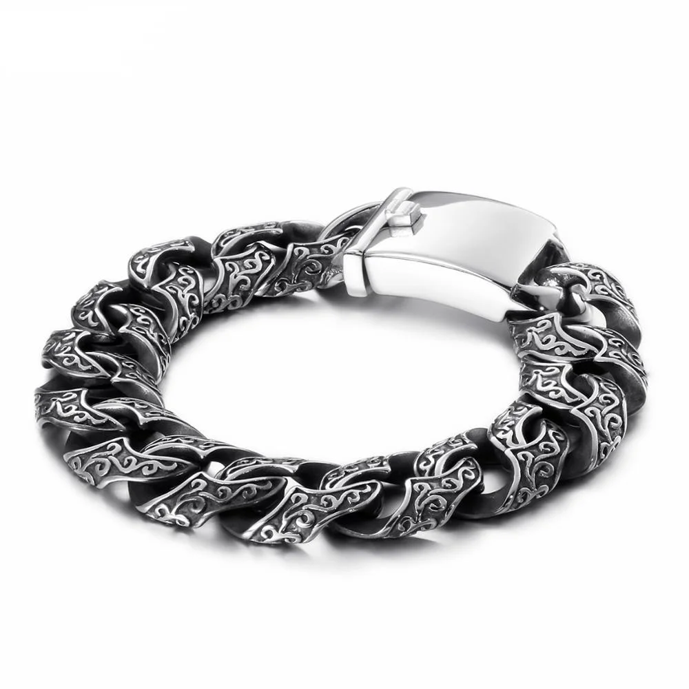 15/18/20mm Punk Rock Retro Black Curb Cuban Chain Bracelet Men Women Hiphop Gold Color Stainless Steel Bike Biker Bangle Jewelry