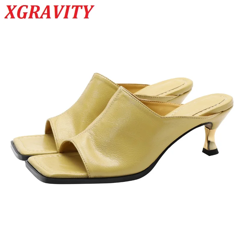 XGRAVITY Famous Pop Stars Ladies Shoes Square Toe Open Toe Women Thin High Heel Shoes Sexy Ladies Slippers Leisure Slides Girls