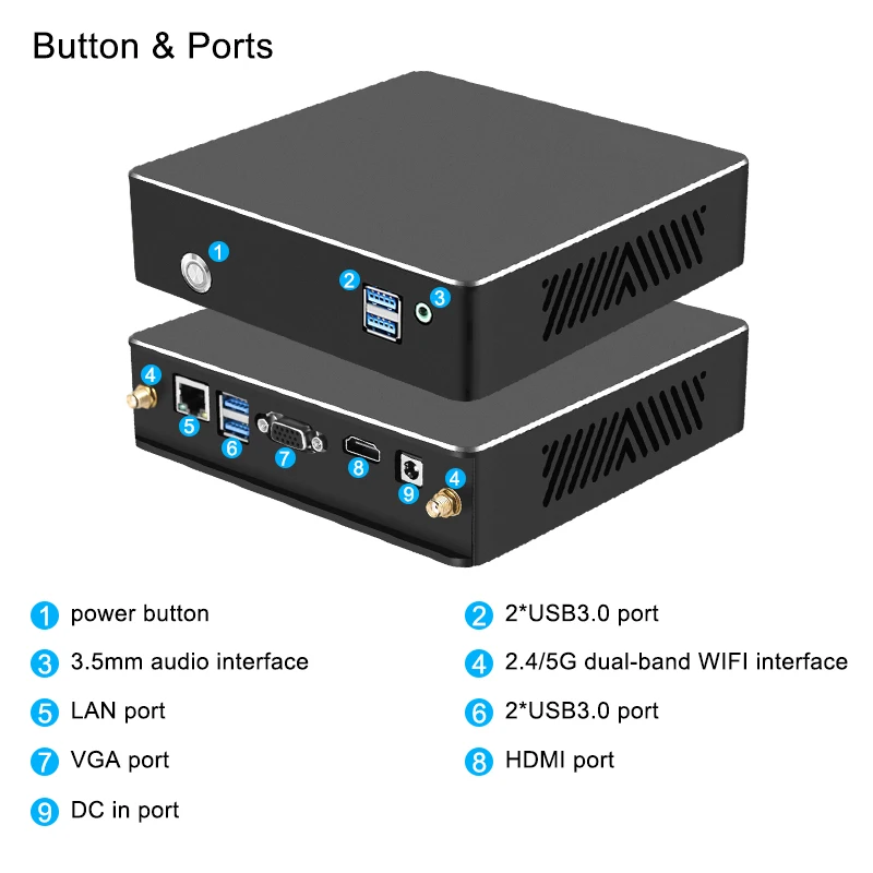 Mini PC Intel Core i3/i5/i7 8GB RAM 128GB/256GB Windows 10 System HDMI-Compatible VGA Dual OutputDual-Band WiFi Gigabit Ethernet