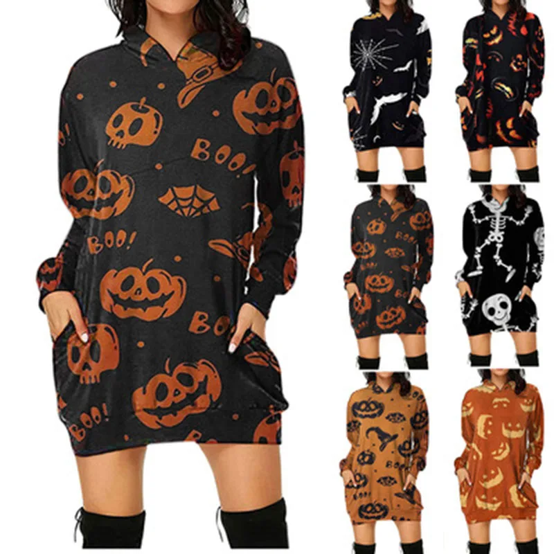 Women's Sweater Dress Printed Sweater with Hood Halloween Theme Ladies Dress Plus Size Party Costume Multi-Color and Multi-Size