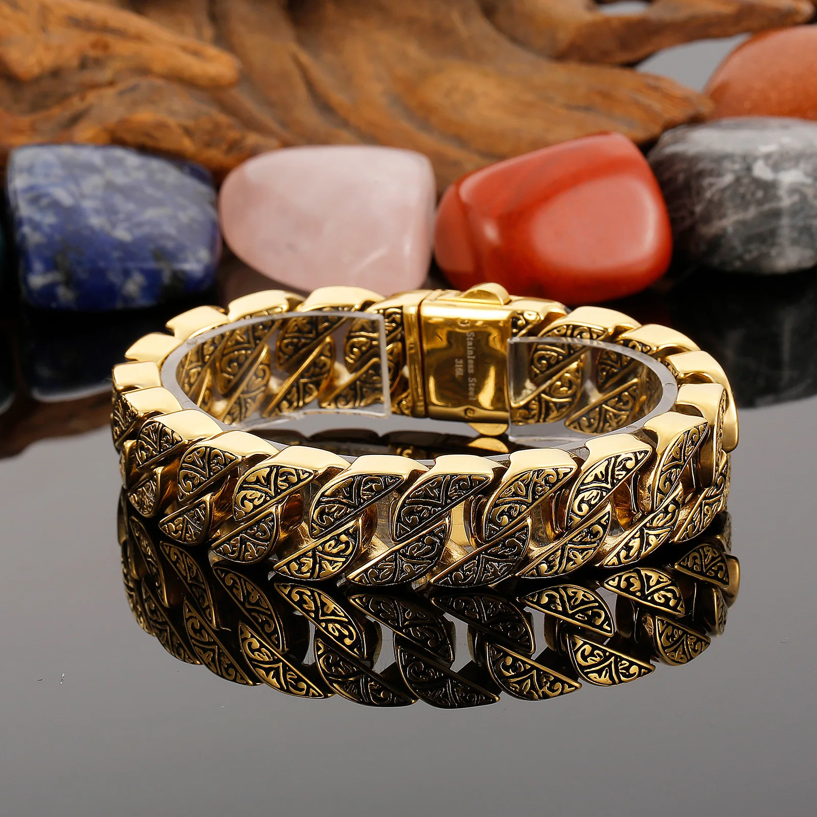 HAOYI Vintage Bracelet Ancient Patterns Unique Stainless Steel For Women Engraving Cuban Chain Man Bangles Couple Gift Jewel