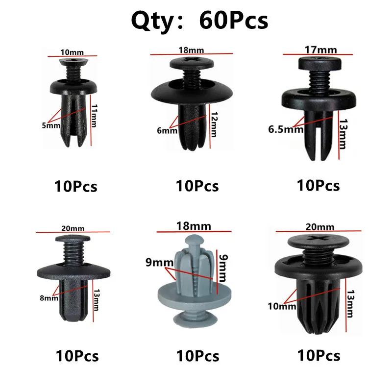 60Pcs 5mm 6mm 7mm 8mm 9mm 10mm Loch Auto Stoßstange Niet Verschluss auto Kotflügel Trim Panel Schraube Clips Für Honda Nissan Toyota Hyundai