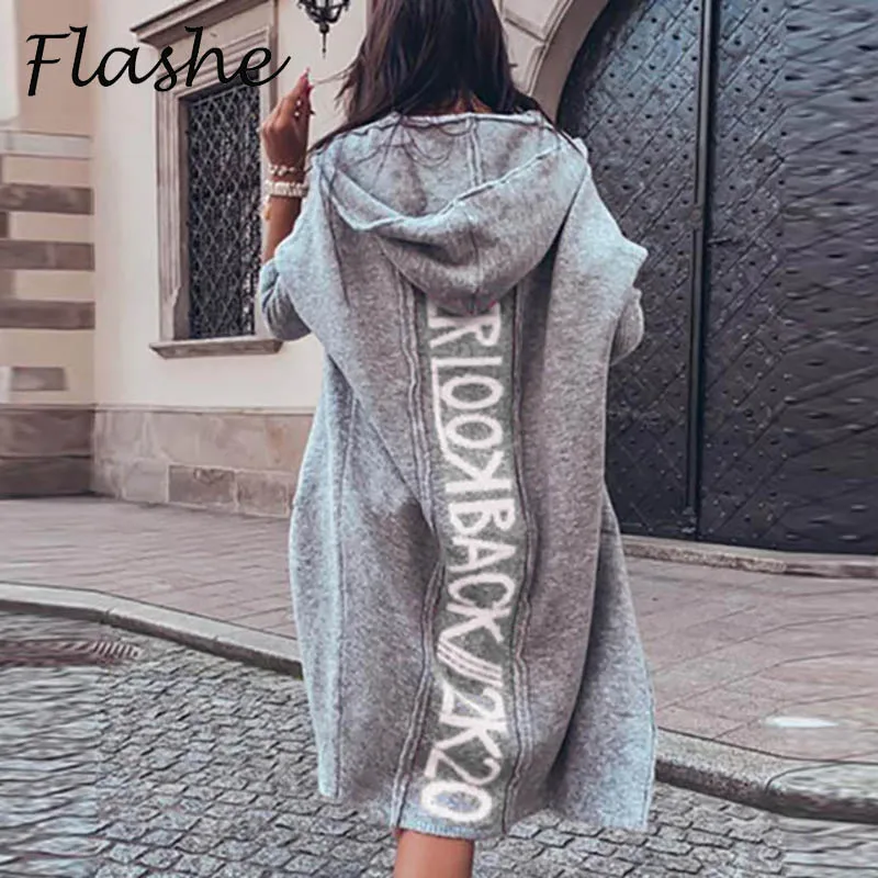 Oversized Cardigan Women Letter Print Cover Up Autumn Winter Long Sleeve Sweater Women Knitted Cardigans Sweater