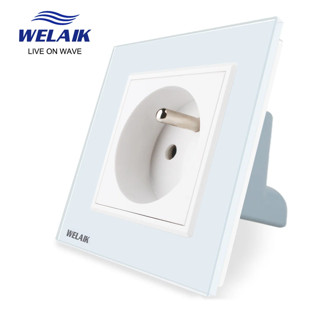 WELAIK 16A 1Frame 80*80mm France French Standard Wall Power-Socket Tempering-Glass Panel Outlet White Black 220V A18FW