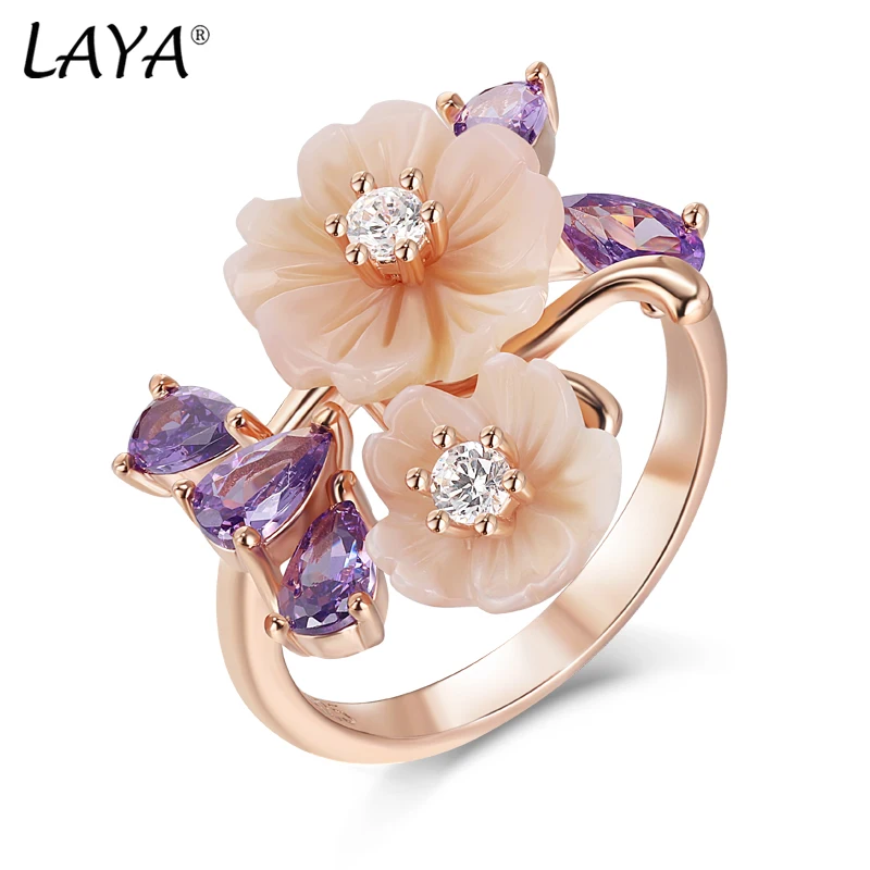 Laya Ring For Women High Quality Purple Zircon Natural Shell Flower 925 Sterling Silver Fashion Original Jewelry 2022 Trend