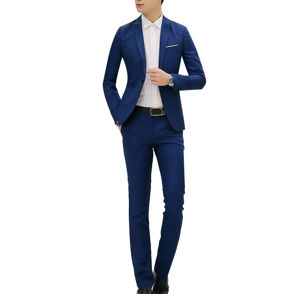 2Pcs/ 1 Set Fashion Men Solid Color Lapel Button Long Sleeve Slim Blazer Suit Pants for Men Wedding Office Meeting Male Clothing