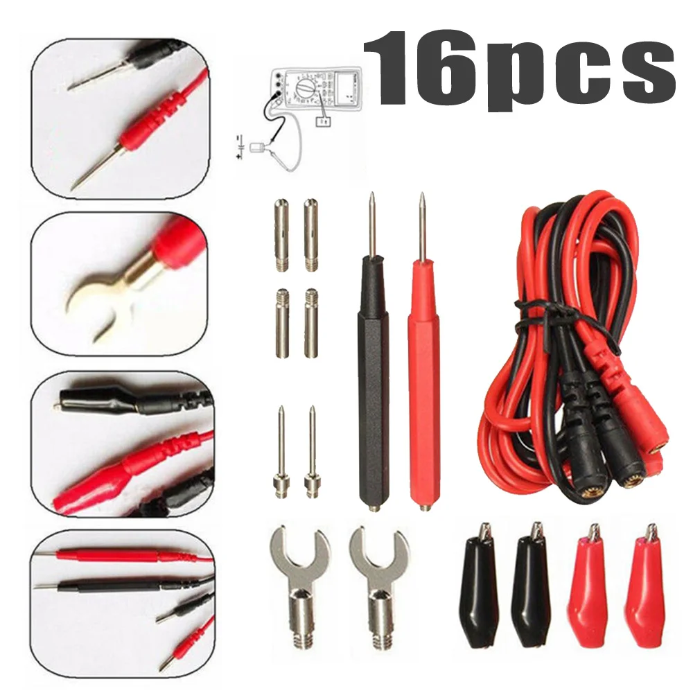 

16 In 1 Digital Multimeter Probe Tips Wire Cable Test Leads &Alligator Clips Kit