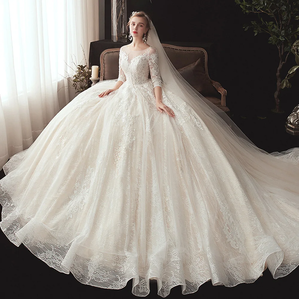 Luxury Lace Wedding Dresses 2022 Long Sleeves O Neck Beads Pearls Ball Gown Bride  Court Train Exquisite Bridal Gowns