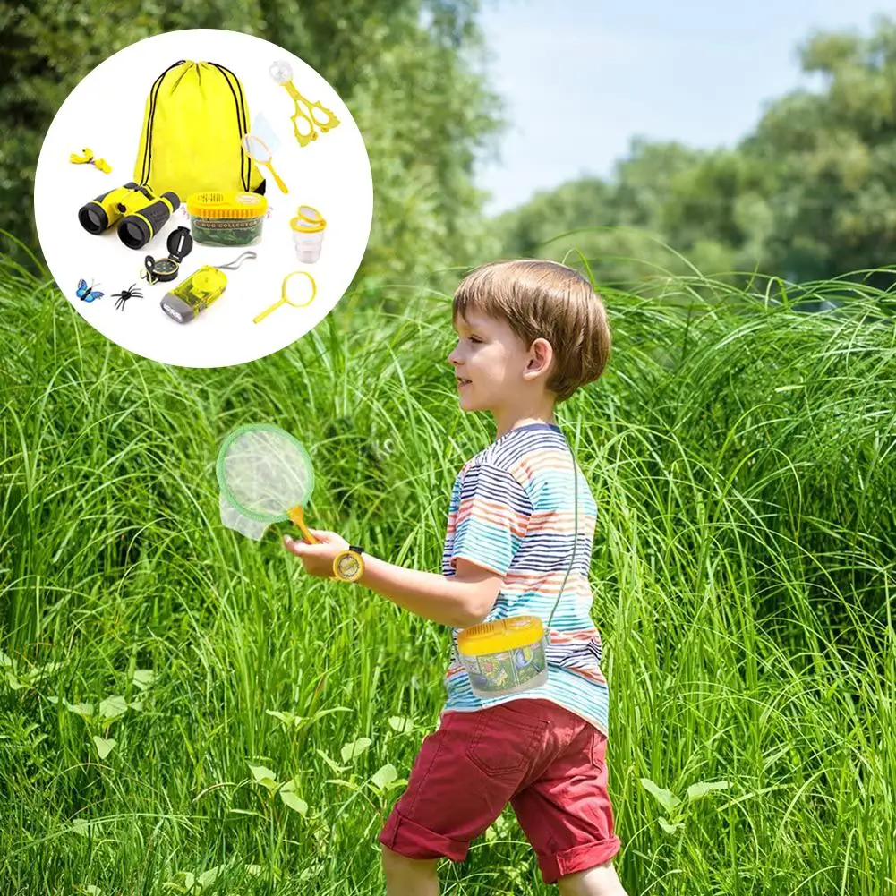 Kids Outdoor Explorer Kit With Drawstring Bag Binoculars Butterfly Net Educational Nature Exploration Toys Gift For Boys & Girls