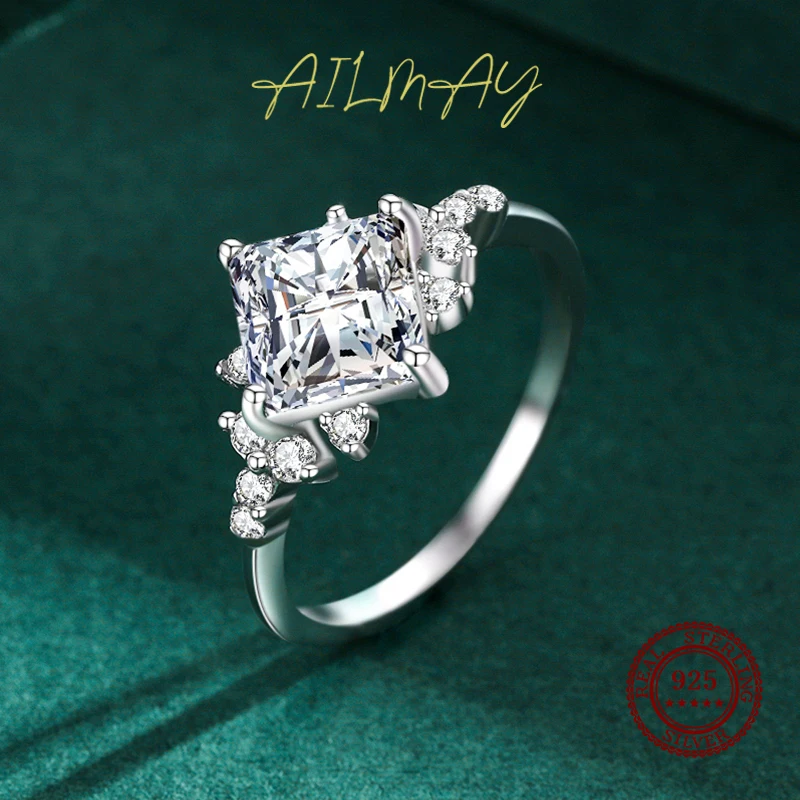 Ailmay Real 925 Sterling Silver Elegant Romantic Princess Square AAAAA Dazzling CZ Rings For Women Luxury Wedding Jewelry Gift