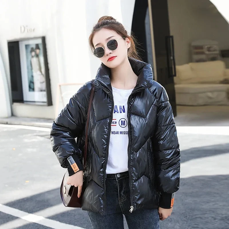2021Women New Fashion Down Padded Jacket Female Winter Pure Color Zipper Korean Short Shiny Thickened Loose Padded Jacket A195Ch
