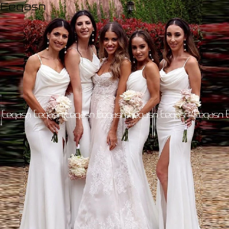 Vestidos largos de dama de Honor para mujer, vestido de dama de Honor blanco de sirena con abertura alta, vestido Formal de noche para boda y fiesta, novedad de 2021