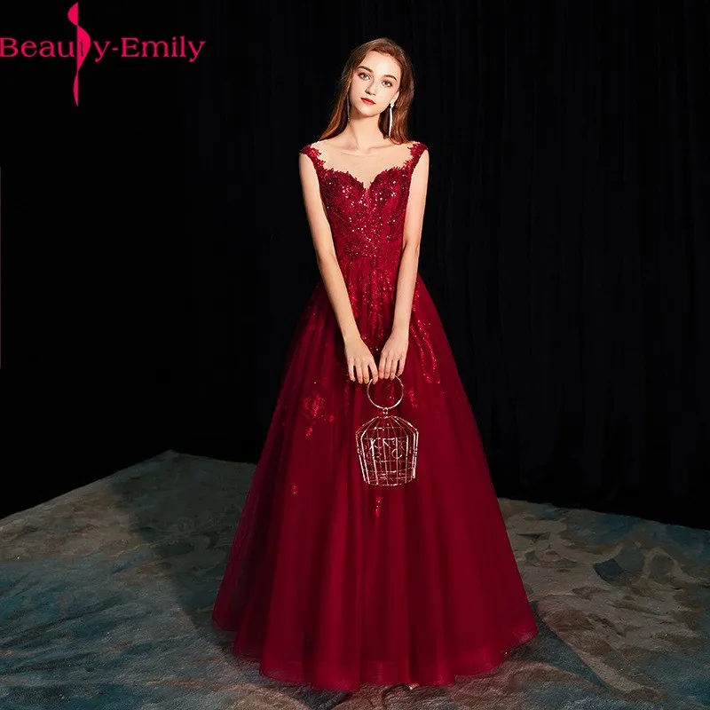 Beauty Emily Romantic O Neck Sleeveless  Evening Dress Long Charming Burgundy Spaghetti Strap Lace Up Back Evening Gown