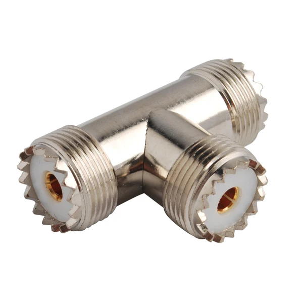 5Pcs Brass UHF Female to Two 2 x SO239 UHF SL16 Female Plug Splitter Triple SO 239 3 Way T Female Coaxial Cable 50 ohm Connector